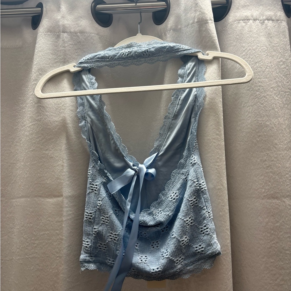 Lace Halter Top with Ribbon Tie - Picture 2 of 4